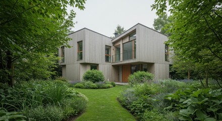 Contemporary house design blends seamlessly into lush, verdant garden landscape