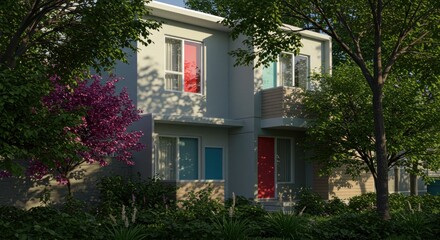 Contemporary residential architecture with vibrant accents and lush greenery surrounding the