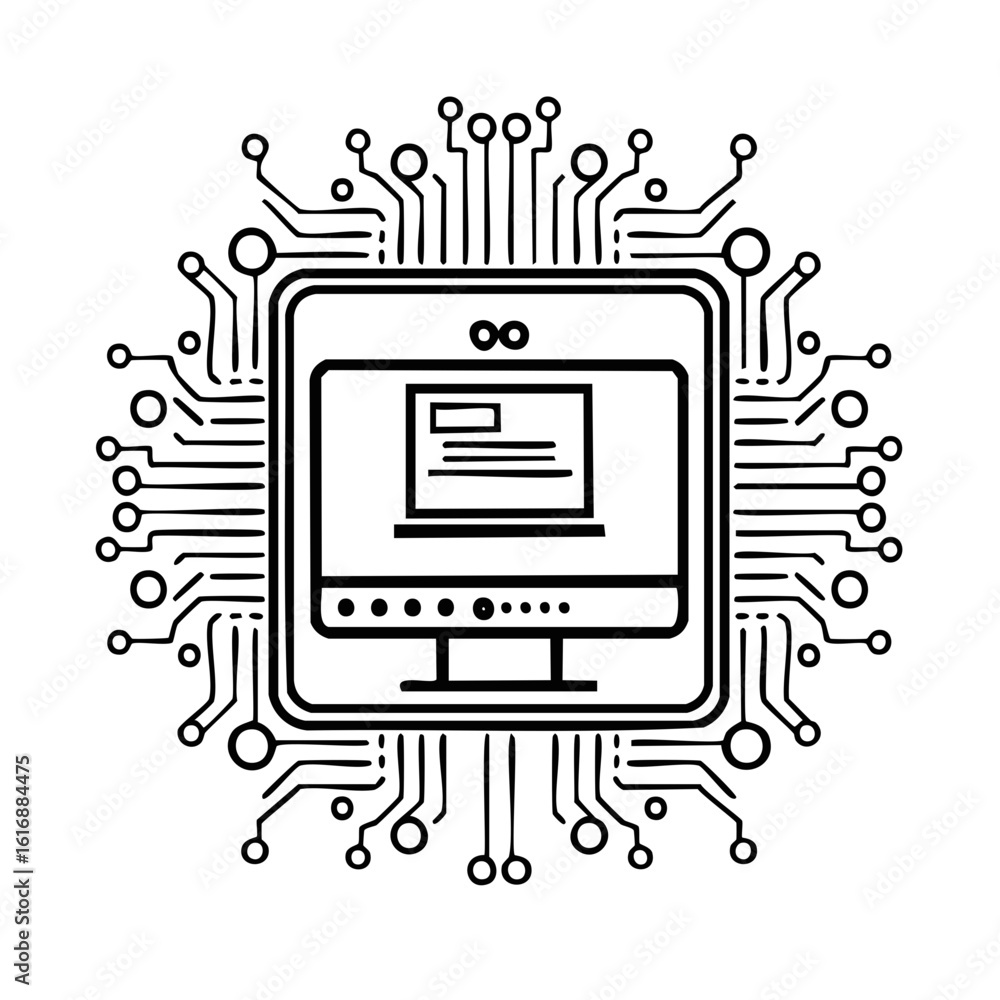 Poster computer screen with integrated circuit board design and infinite symbol