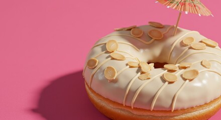 Deliciously decadent donut delight featuring an elegant glaze and charming miniature umbrella
