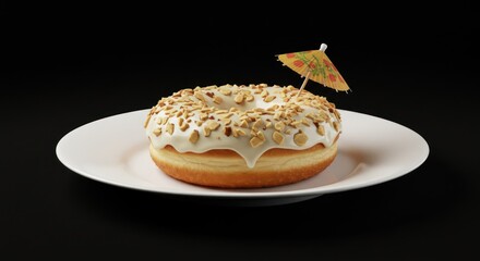 Delicious doughnut with white frosting, peanut toppings and a cute cocktail umbrella on a stark