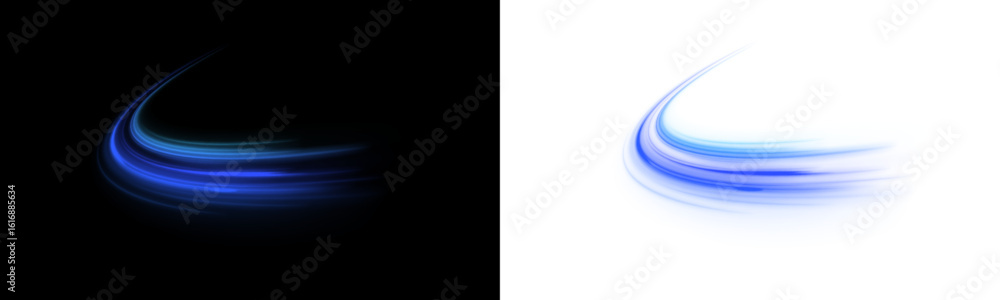 Poster blue stripes in the form of a drill, twists and swirls on a white and black background in format vec