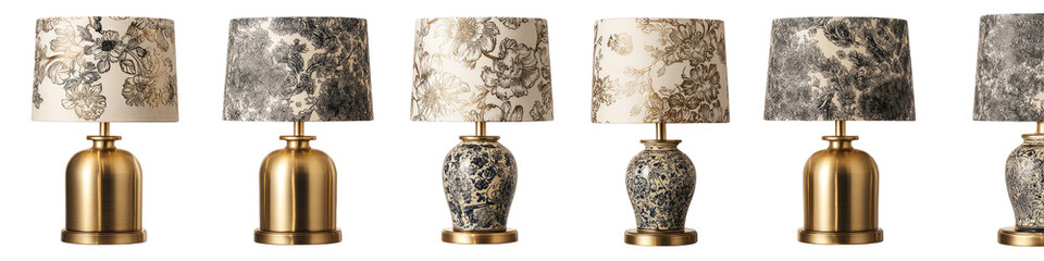 Set of five gold-finished table lamps with patterned shades