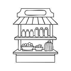 Naklejka premium Hand Drawn Farmer's Market Stall with Pumpkins, Bottles, and Produce Bowls Illustration