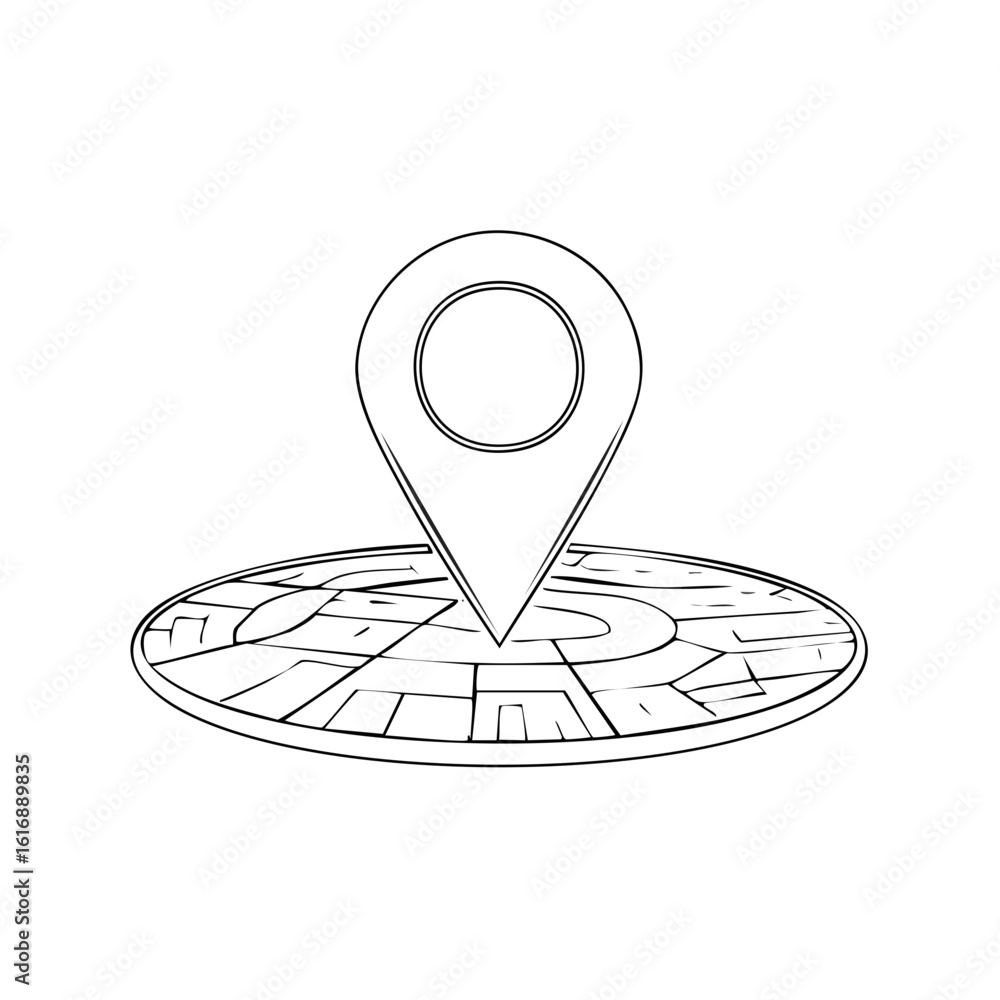 Poster hand-drawn sketch style map location marker on a round map with streets symbolizing navigation or di