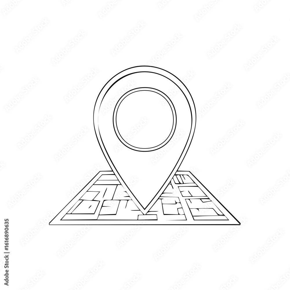 Poster vector line art of a location pin symbol over a map grid indicating position or destination