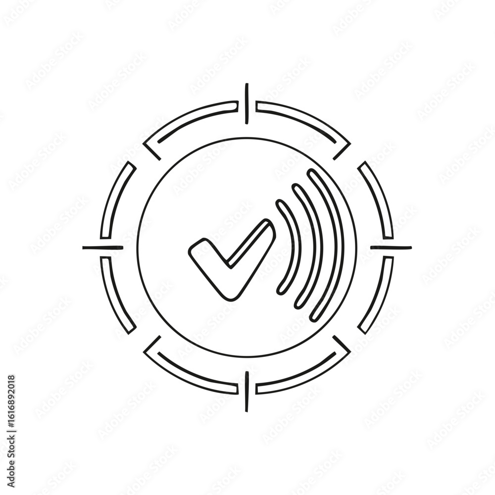 Poster approved signal connection icon: outline tick mark within circle network