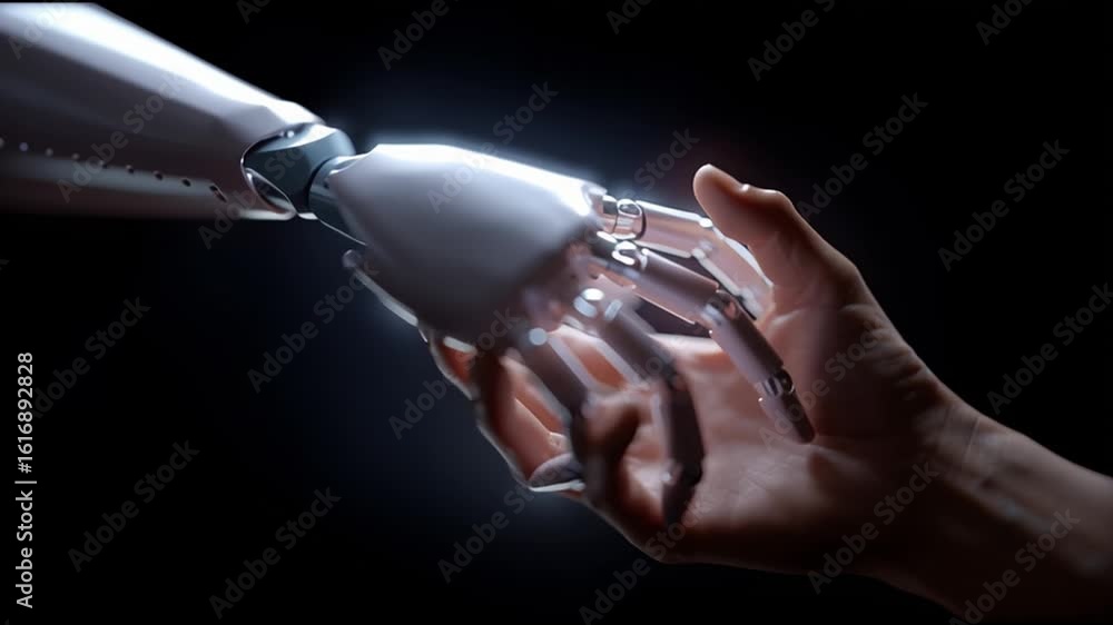 Poster a human hand reaches out to connect with a robotic hand in a moment of interaction and unity