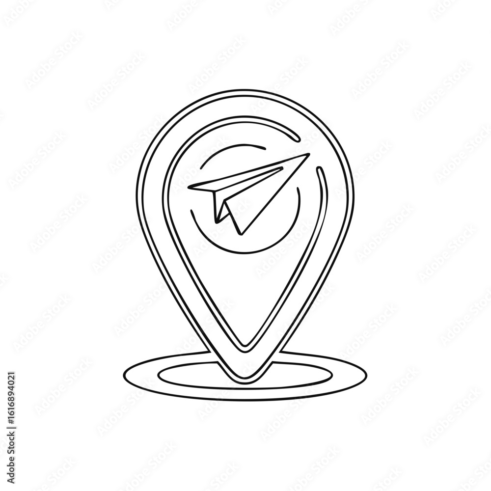 Poster paper airplane in a map pin location marker icon for travel destination and navigation