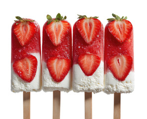 Four strawberry and cream popsicles, close-up, with slices of strawberries visible