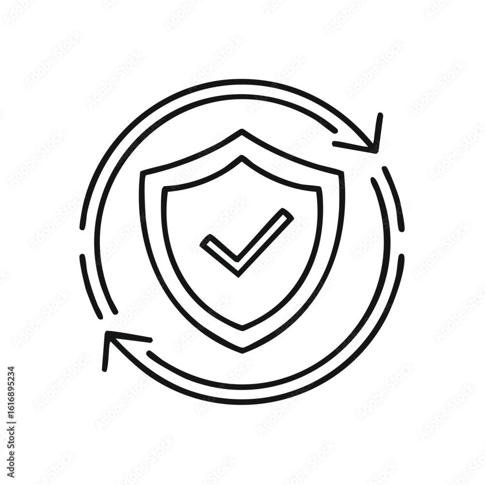 Poster outline shield icon with checkmark and circular arrows symbolizing protection and security