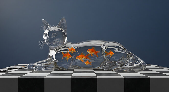 A translucent glass cat sculpture containing several orange goldfish swimming inside, resting on a checkered surface. - Powered by Adobe