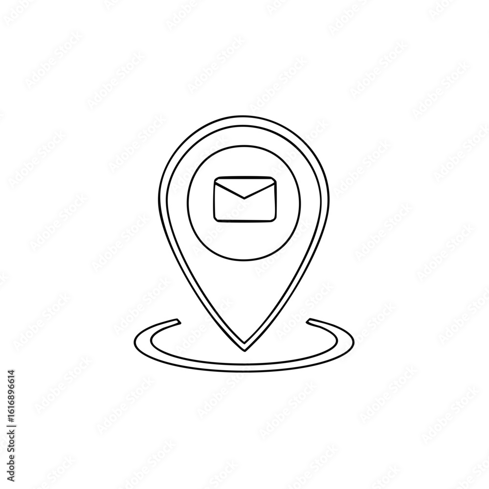 Poster map pin with mail envelope icon representing post office or address location