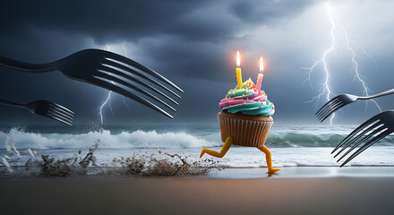 A whimsical cupcake with candles runs across a stormy beach, pursued by forks.