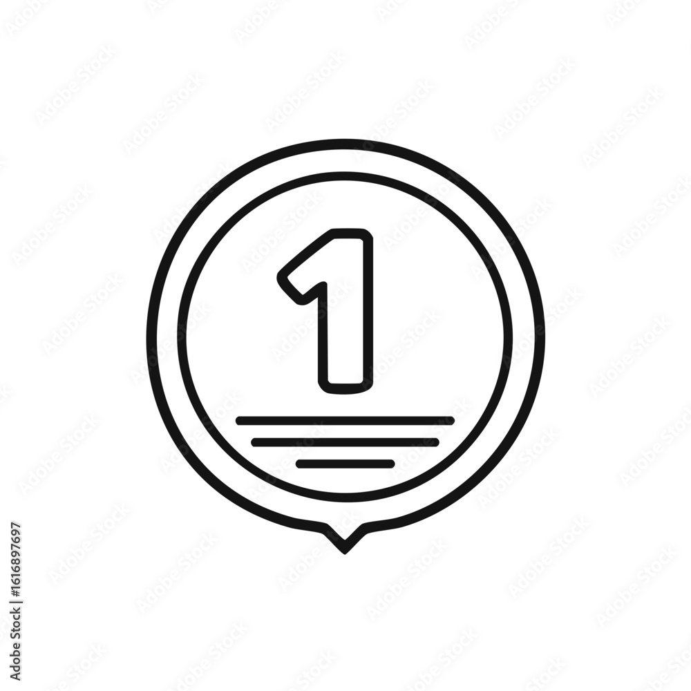 Poster number one in circle with lines and pointer, badge vector illustration