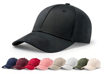 Black textured baseball cap with multiple color caps below