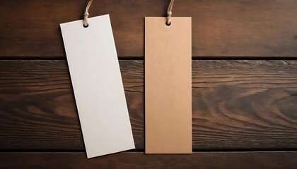 Two blank rectangular bookmarks hang against a dark wood background.