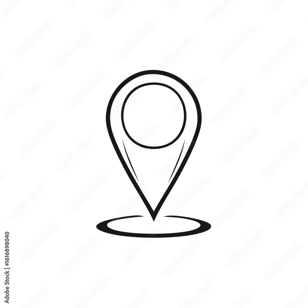 Poster map pin location marker icon in a simple black and white line art style for navigation and direction