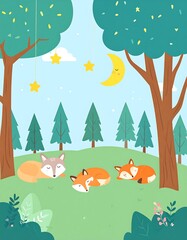 Naklejka premium Cute woodland animals sleeping under the moon