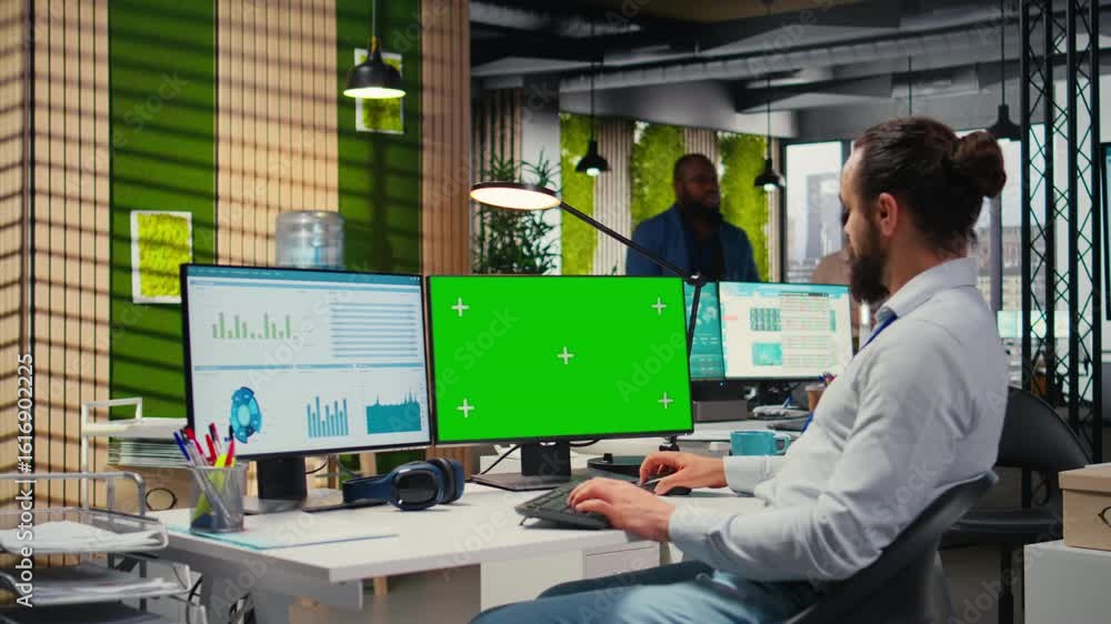 Aufkleber office advisor examining kpi indicators next to isolated copy space, establishing a new growth plan 