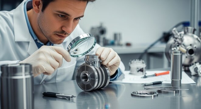 Laboratory technician inspecting cryopump components with a magnifying glass on a stainless steel manufacturing bench.