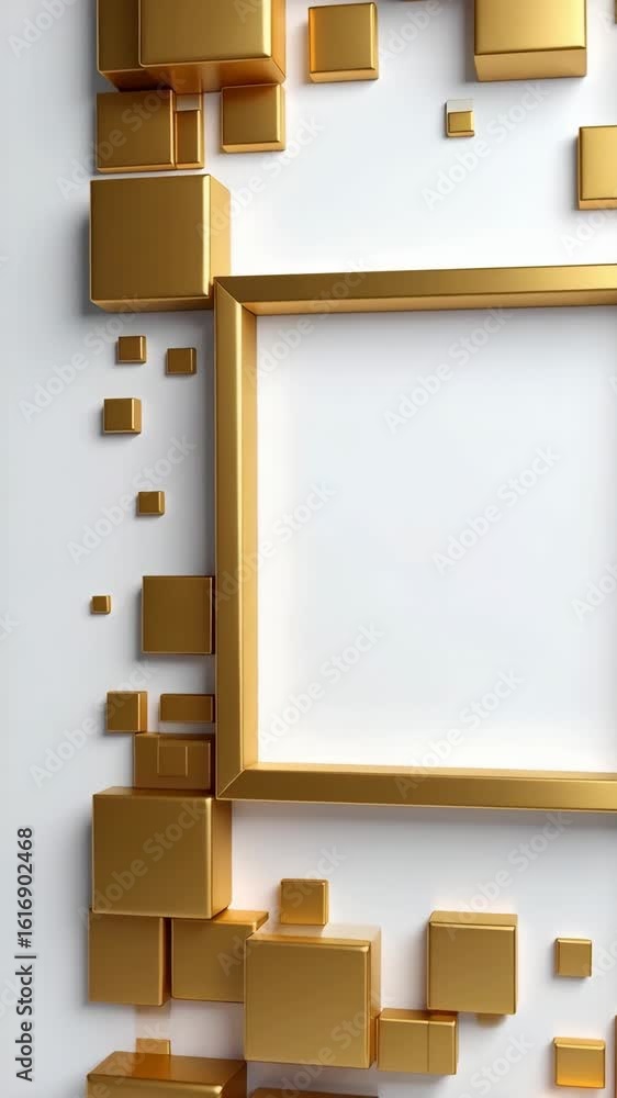 Aufkleber golden square frame surrounded by geometric cubes on white background, creating a luxurious 3d graph