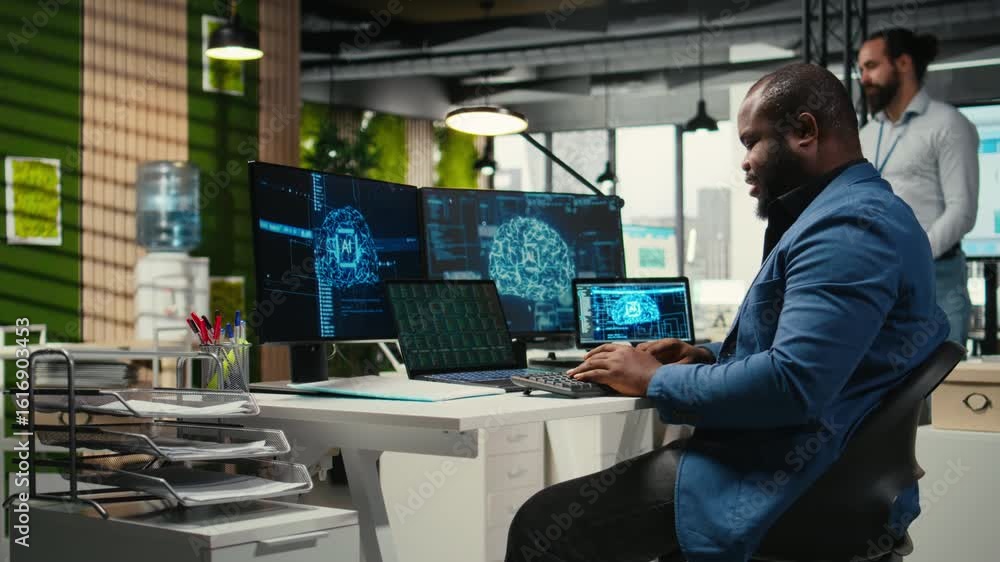 Poster business specialist engages with ai big data and predictive analytics, using smart work solutions an