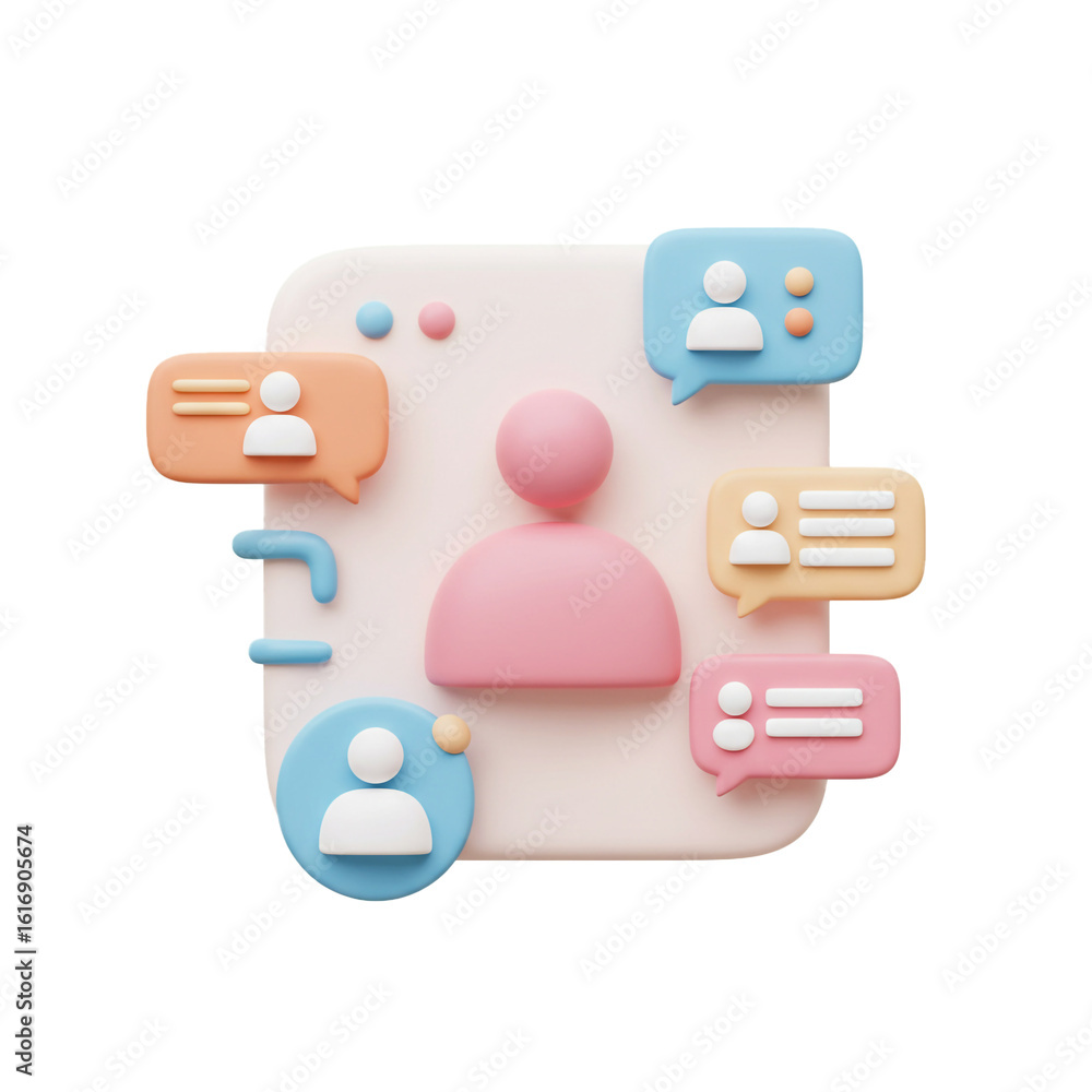 Poster a vibrant illustration of user profiles and message icons representing a digital community.