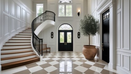 Fototapeta premium Grand foyer with a sweeping staircase and a large olive tree.