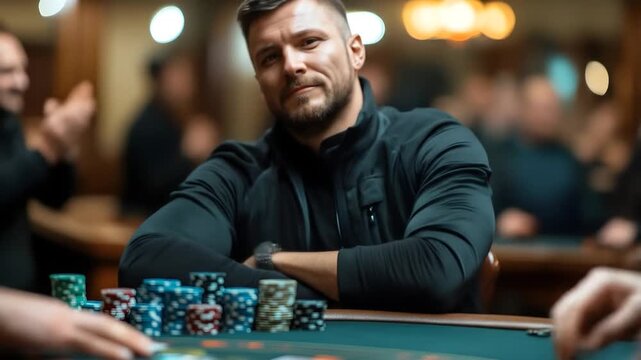 A man in a black jacket sits at a poker table with stacks of chips
