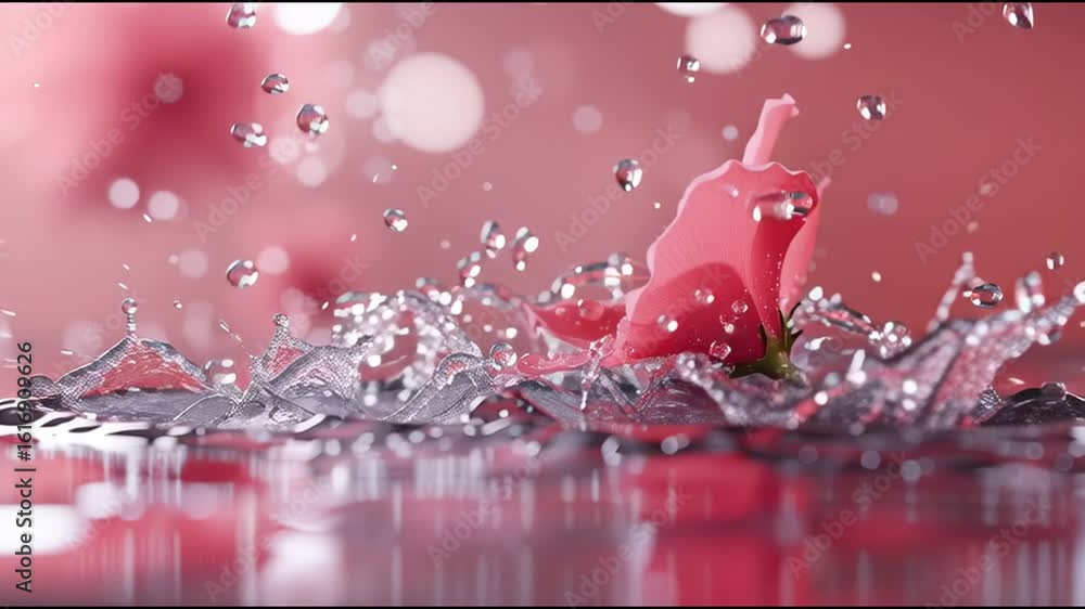 Poster beautiful pink flower splashes water in serene setting at dawn with soft bokeh background