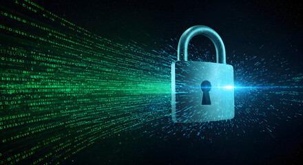 Digital padlock protecting streams of green and blue data