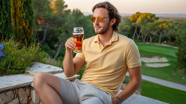 Relaxing Man Enjoys Cold Beer on a Golf Course During Golden Hour with Scenic Nature Background
