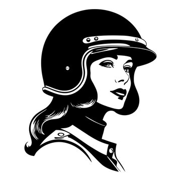 Aviator woman silhouette bold lines for motorcycle gear branding and vintage lifestyle campaigns