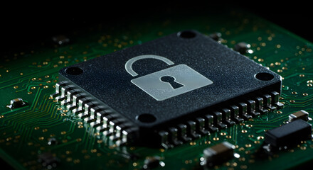Close-up of a microchip with padlock symbol on a circuit board