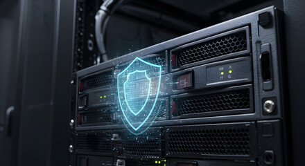 Close-up of server rack with digital security shield overlay