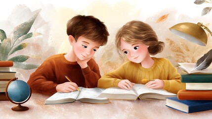 Children Engaged in Study with Books and Creative Tools in a Cozy Learning Environment