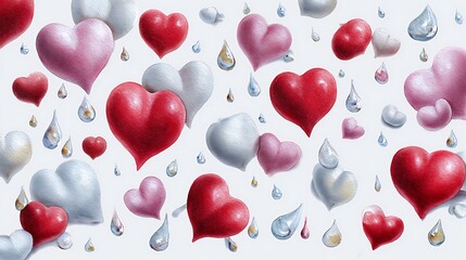 Colorful Heart Shapes and Water Droplets on Light Background for Love and Romance Themes