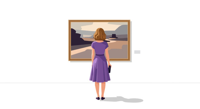 Woman admiring landscape painting in art gallery, appreciating artwork, cultural experience. - Powered by Adobe