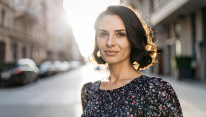 Mujer sonriente en calle urbana iluminada por sol con look casual y confianza en la mirada