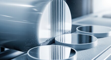 Slowmotion capture of wire saw slicing through monocrystalline silicon ingot producing ultrathin photovoltaic wafers.