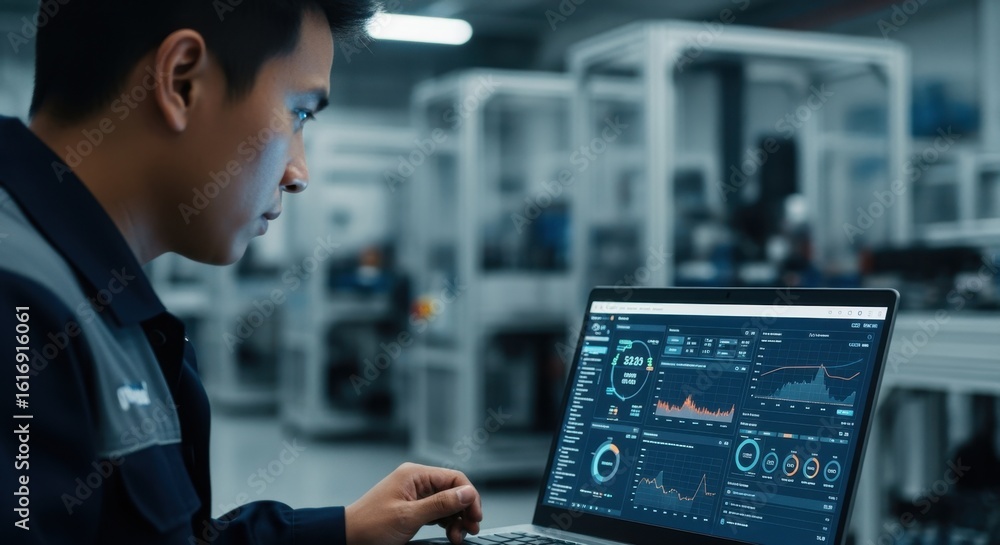 Aufkleber technician tracking automated production line performance via laptop screen in advanced factory.