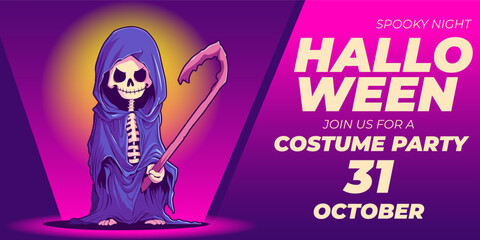 Happy Halloween party greeting card. Spooky banner template. Halloween Promotion Poster. Halloween night party invitation. Halloween flyer design with grim reaper skeleton. Halloween vector background