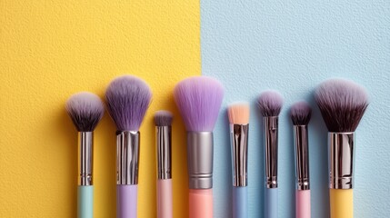 Naklejka na ściany i meble pastel makeup brushes flatlay on vibrant yellow and blue background