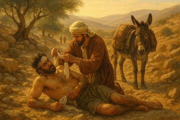 Good Samaritan helping injured traveler on dusty ancient road with donkey and supplies nearby