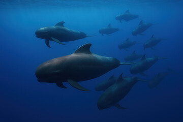Fototapeta premium Pod of Pilot Whales in the Deep Blue Sea - Underwater Photos