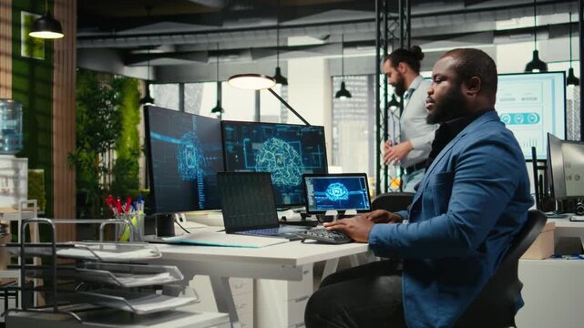 Black man IT expert handles neural networks systems for data forecasting, combining AI automation tools with digitalization to drive multinational company efficiency and innovation. Camera A.