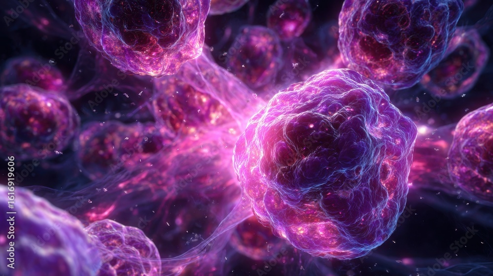 Poster closeup cgi of invisible hormonal energy pulses spreading from a neoplasm causing complex interactio