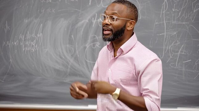 Black professor is teaching a classroom full of students during the academic semester