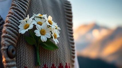 Glowing Swiss lantern with white cross motif, resting on rustic wood with alpine meadow in soft focus.